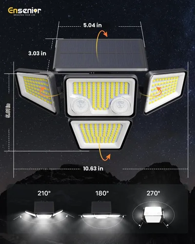 Vista 9 de Ensenior Luces solares para exteriores de 2600 lúmenes, luz exterior con sensor de movimiento y control remoto, impermeable IP65, 279 LED, 4