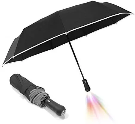 Vista 2 de LEAGERA Windproof Compact Umbrellas for Rain with LED Light Flashlight Umbrella, Oversized Travel Folding Umbrella Reflective Stripes Automatic