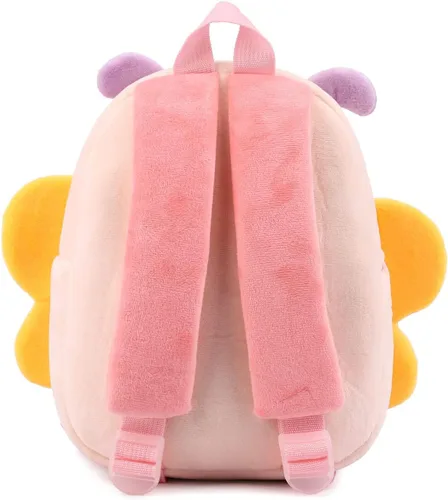 Vista 4 de Mochila pequeña para niños y niñas, linda mochila pequeña de dibujos animados de animales de felpa suave para niños de 2 a 6 años, Mariposa-h Rosa