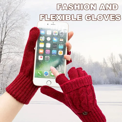 Vista 50 de Beurlike Guantes de invierno para mujer, de lana cálida, a prueba de viento, convertibles, sin dedos