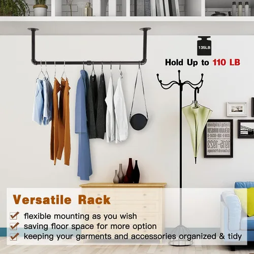 Vista 3 de Perchero de ropa montado en la pared de 36" con tubo industrial, organizador de ropa negro de hierro resistente que ahorra espacio, barra