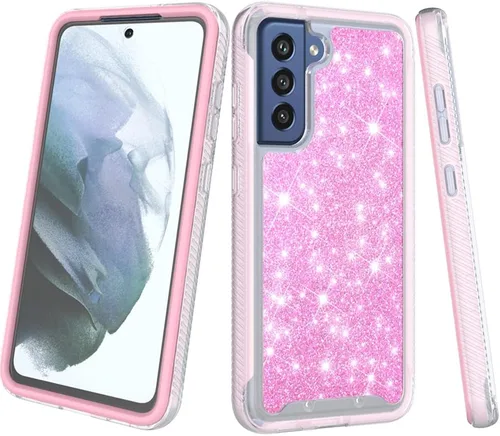 Vista 6 de Funda diseñada para Samsung Galaxy S21 FE con purpurina de cuerpo completo con protector de pantalla integrado, resistente de doble capa a prueba