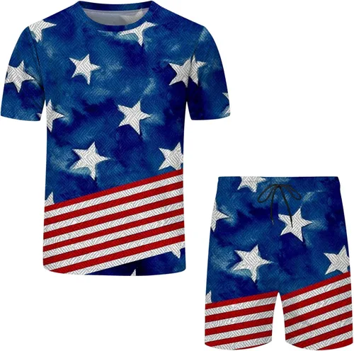 Vista 4 de 2023 Men's Casual Sports Set American Flag 2 Piece Outfits Summer 4th of July Tracksuit Sets Stylish Tshirt and Shorts Set
