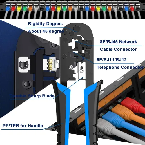 Vista 2 de TAIWAIN Kit de herramientas para pelacables de crimpado de red RJ45 Cat5/Cat6/Cat7 6P/8P/4P RJ11/RJ12/Juego de cortadores de reparación de cables