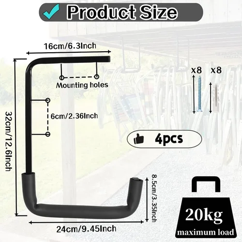 Vista 2 de 4 ganchos de garaje montados en el techo, estante de almacenamiento de garaje superior, perchas de escalera para herramientas de bicicleta de madera