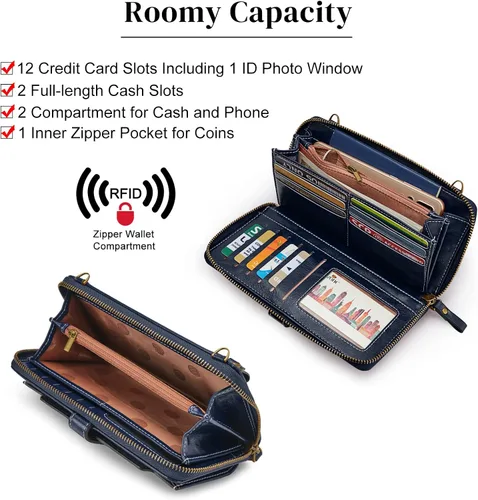 Vista 4 de S-ZONE Billeteras de pulsera para mujer, bolso cruzado para teléfono celular, bloqueo RFID, de cuero vegano, monederos con 2 correas
