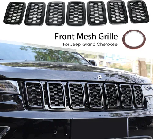 Vista 9 de 7 piezas de insertos de rejilla frontal de malla de panal negro brillante reemplazan para Jeep Grand Cherokee 2017-2021