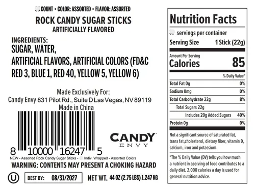 Vista 2 de Candy Envy - Surtido de palitos de azúcar de caramelo de roca - 10 envueltos indiv. - Colores surtidos