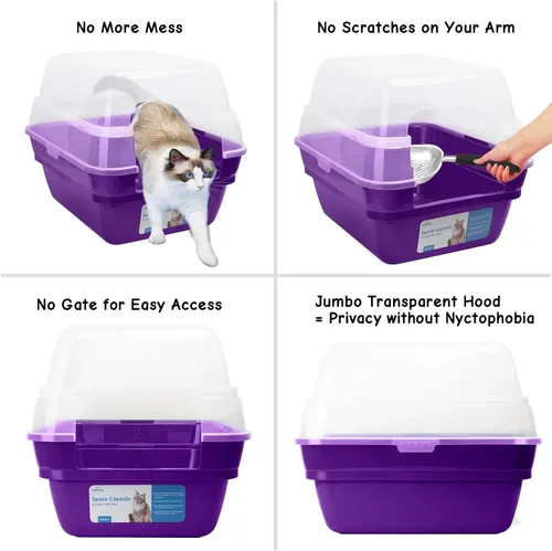 Vista 4 de Caja de arena para gatos Petfamily, caja de arena grande plegable jumbo con techo y tapa transparente (morado)