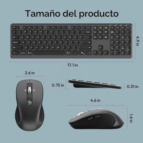 Vista 9 de Combo de teclado y mouse inalámbricos, teclas de interruptor de tijera, receptor USB 2-en-1 y dos Bluetooth, diseño silencioso multidispositivo