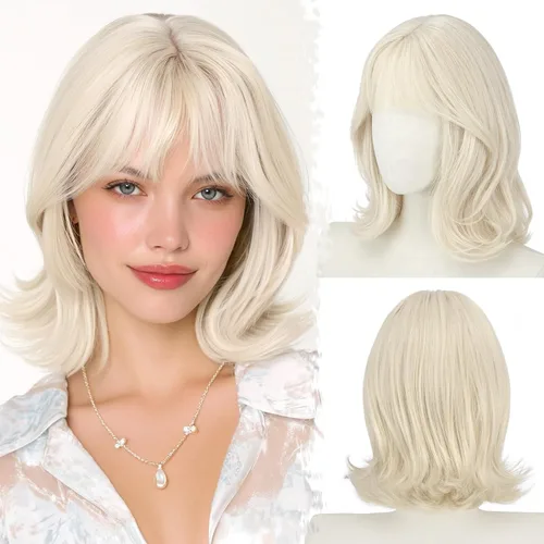 Vista 9 de BARSDAR Synthetic Short Layered Brown Highlights Bob Wig with Wispy Bangs