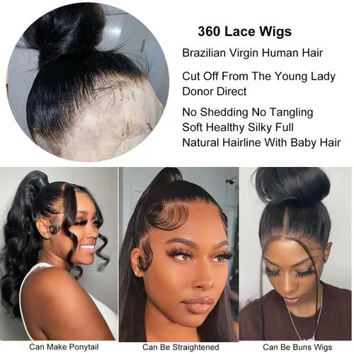 Vista 3 de Pelucas de cabello humano con encaje frontal 360, prearrancadas, pelucas de encaje frontal completo para mujeres negras, peluca de cabello humano