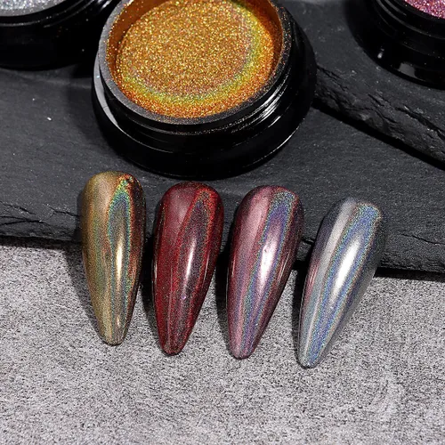 Vista 8 de Juego de polvos de uñas cromados de 16 colores, efecto espejo metálico holográfico Aurora Chameleon, pigmento con purpurina para esmalte de gel