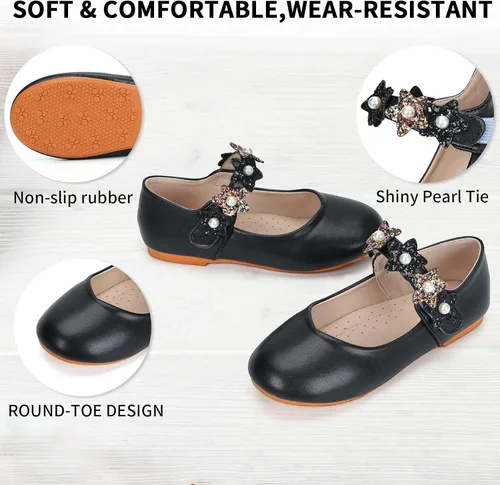 Vista 3 de Zapatos de vestir para niñas, zapatos de princesa con purpurina, zapatos de ballet brillantes para boda, fiesta de boda, tacón bajo con lazo