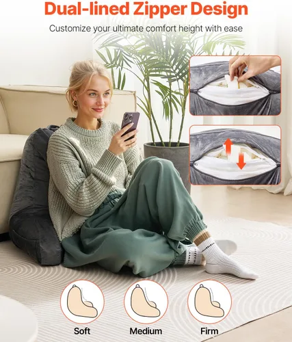 Vista 3 de VEVOR - Almohada de lectura, almohada grande para la espalda para sentarse en la cama con 3 bolsillos, almohada para sentarse en la cama con espuma
