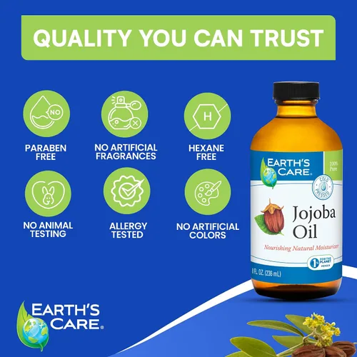Vista 3 de Earth's Care Aceite de jojoba 100% puro para cabello, piel y uñas, prensado en frío, hidratante natural nutritivo, 8 onzas líquidas