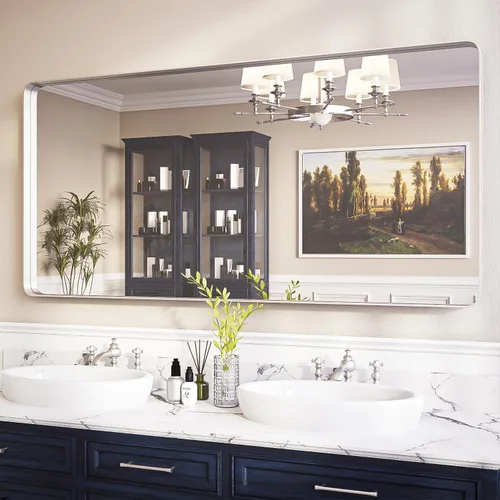 Vista 44 de ISKM Espejo con marco negro para pared de 20 x 16 pulgadas, espejo de tocador de baño antioxidante, vidrio templado, espejo rectangular redondeado
