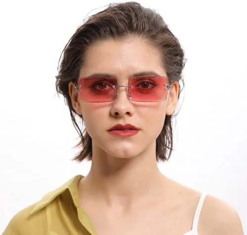 Vista 3 de LASPOR Gafas de sol rectangulares sin montura retro para mujeres y hombres lentes teñidas de metal dorado sin marco gafas cuadradas vintage