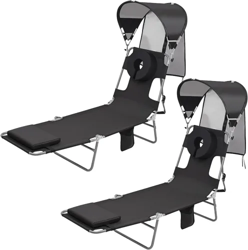 Vista 10 de Silla de bronceado de playa con mochila y toldo con protección solar y orificio para la cara, silla de sol plegable de 6 posiciones para adultos