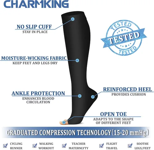 Vista 4 de CHARMKING 3 pares de calcetines de compresión de punta abierta para mujeres y hombres, circulación de 15-20 mmHg es el mejor apoyo para uso durante