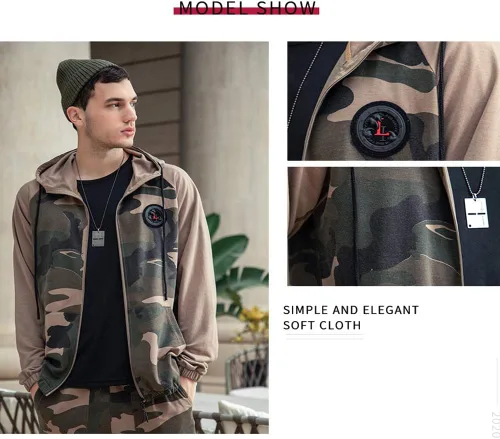 Vista 2 de Conjunto deportivo de 2 piezas con capucha para hombre, casual, cómodo, camuflaje, para hombre