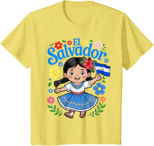 Vista 3 de Camiseta de estilo tradicional floral para niña con la bandera de El Salvador