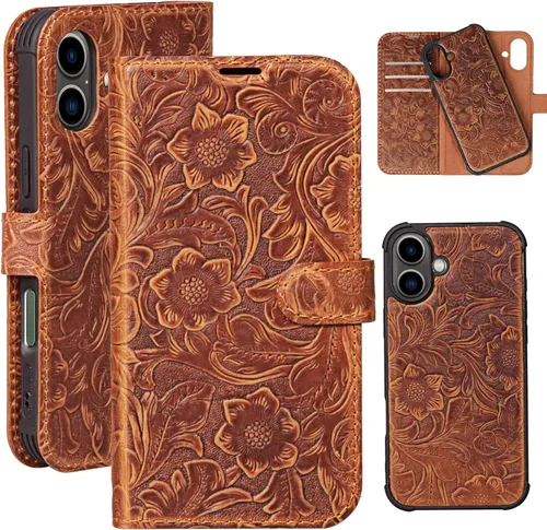 Vista 50 de Funda de cuero compatible con iPhone 16 Pro Max Cartera 6.9", cuero genuino 2 en 1, magnética, desmontable, a prueba de golpes, funda tipo folio