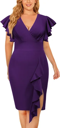 Vista 3 de Miusol Vestido de tubo vintage con cuello en V para mujer, talla grande, manga con volantes, para negocios, cóctel, fiesta