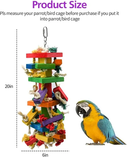 Vista 4 de RUBY.Q - Juguete grande de loro de 20 pulgadas, multicolor de madera natural para masticar pájaros para guacamayos grandes de Amazon Parrots, gris