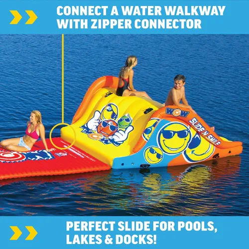 Vista 4 de Wow Sports Slide N Smile Slide - Tobogán con diseño de cara feliz con 2 carriles, tobogán acuático flotante gigante para adultos y niños