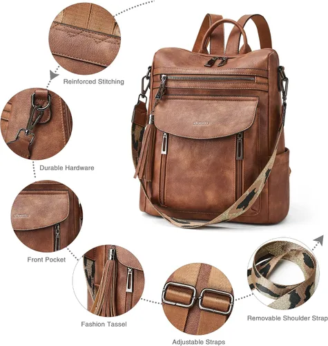 Vista 5 de Shrrie - Mochila de cuero para mujer, bolso de moda, mochila de cuero para mujer, mochila de viaje de diseñador, bolso de hombro convertible