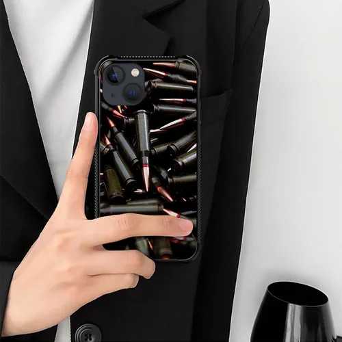 Vista 6 de ZHEGAILIAN Funda compatible con iPhone 15, AK 47, carcasa de munición para ametralladora, parte trasera de vidrio templado+funda protectora