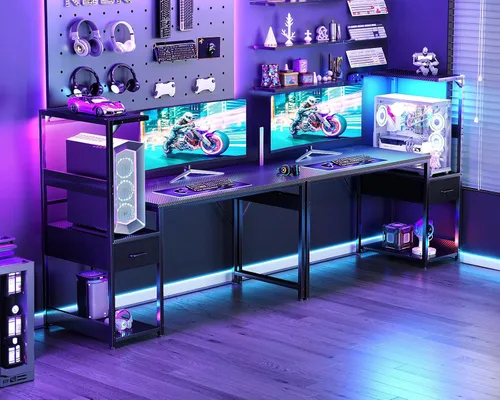 Vista 2 de Casaottima - Escritorio para juegos de 48 pulgadas con luces LED y soporte Negro fibra de carbono
