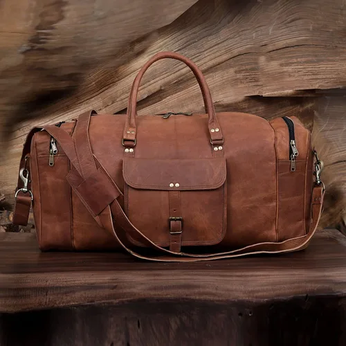 Vista 7 de KK's - Bolsa de viaje de cuero vintage, hecha a mano, elegante y duradera, ideal para gimnasio, viajes, bolsa de viaje de cuero genuino, remaches