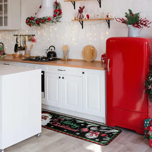 Vista 5 de Bencailor Juego de 2 alfombras y tapetes de cocina de Papá Noel afroamericano de Navidad, antideslizantes, color negro, tapete de baño, tapete