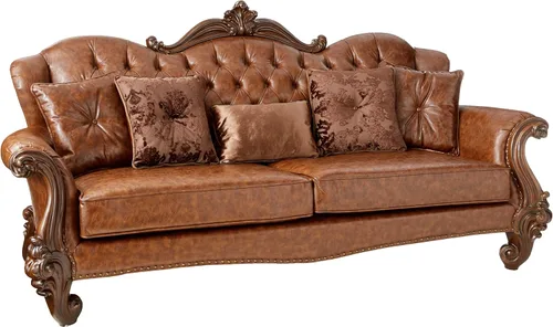 Vista 4 de Acme Versailles - Sofá con 5 almohadas en terciopelo marrón y roble cereza