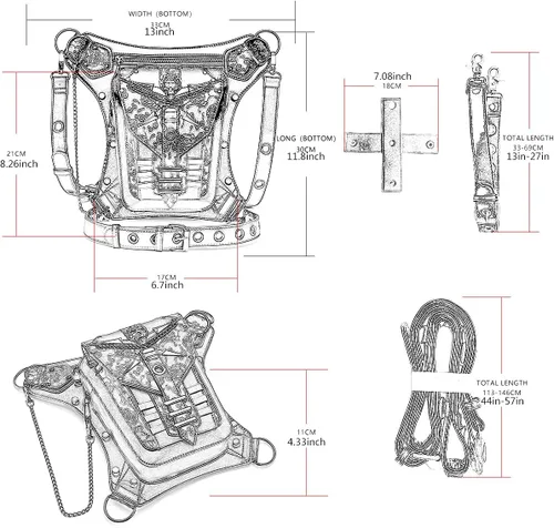 Vista 7 de Steampunk - Bolsa de cintura de piel para motocicleta, bandolera, bandolera, bandolera, bandolera, bolsa, negro - B, talla única