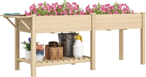 Vista 19 de Outsunny - Jardinera elevada de madera con estante de almacenamiento, orificios de drenaje y forro para el patio trasero, la terraza, el balcón, 47