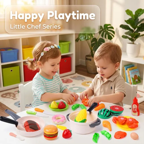 Vista 6 de HOLYFUN Juego de juguetes de comida para niños, cesta de la compra con accesorios de corte de frutas y verduras, olla y sartén, platos de plástico