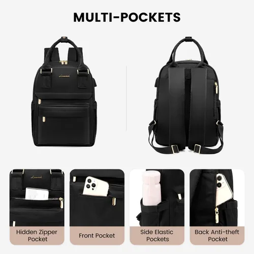 Vista 2 de LOVEVOOK Mini mochila para mujeres y niñas, elegante mochila impermeable con puerto USB, bonita mochila para la escuela, viajes, fiestas, Negro