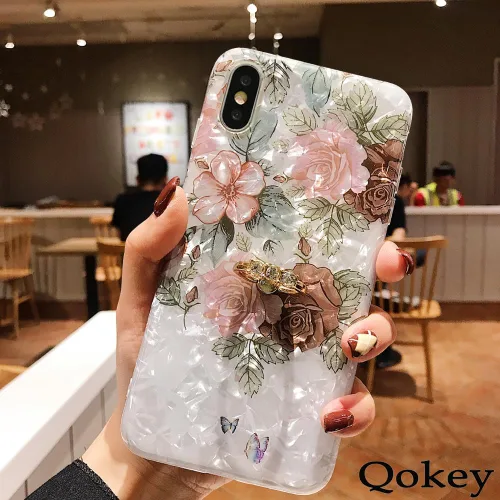 Vista 3 de Qokey - Funda de mármol compatible con iPhone XR, diseño de anillo giratorio de 360 grados, TPU suave a prueba de golpes, diseñada para iPhone XR