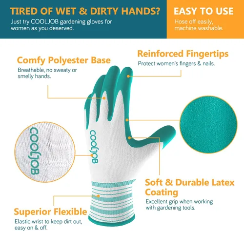Vista 2 de COOLJOB - Guantes de jardinería para mujer, transpirables y con recubrimiento de goma, para exteriores, guantes de trabajo con agarre - Talla S, 2