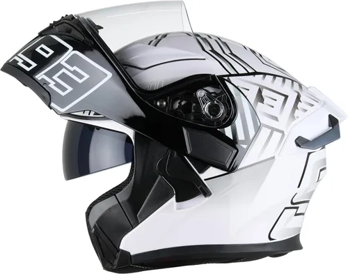 Vista 2 de Casco de motocicleta de cara completa con doble visera, protector solar abatible, modular, para motocross, aprobado por DOT (93 blanco, M)