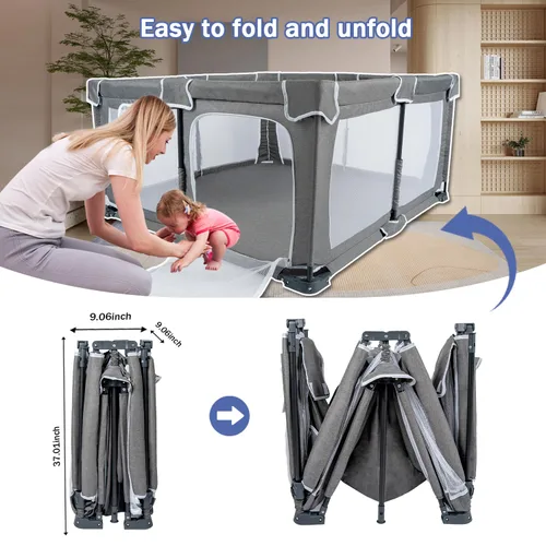 Vista 3 de Corralito plegable para bebés de 59"x71", corralito para bebés y niños pequeños con alfombra, corralito plegable con puerta, área