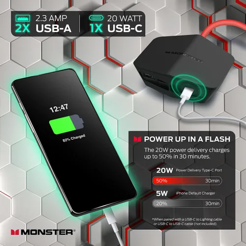 Vista 4 de Monster Power Center Vertex XL Protector de sobretensiones con regleta de alimentación desmontable, 10 salidas de CA, 2 puertos USB-A y 1 puerto