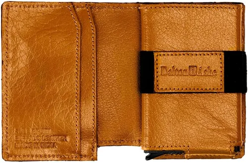 Vista 6 de Cartera de cuero para hombre con bloqueo RFID, tarjetero de crédito emergente, color marrón británico, bronceado (British Tan), Lujo moderno