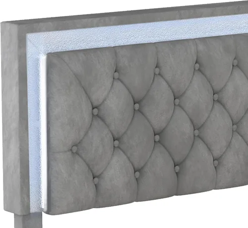 Vista 6 de Linique Base de cama tapizada tamaño Queen con luces LED, cama moderna de plataforma de terciopelo de madera con cabecera capitonada con botones