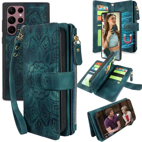 Vista 11 de Harryshell Funda de cuero desmontable con cremallera magnética con bolsillo para monedas, 12 ranuras para tarjetas, correa de muñeca para Samsung