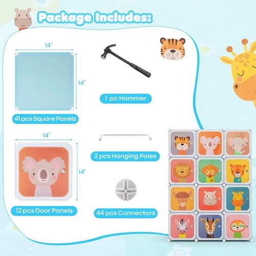 Vista 6 de Costzon Armario para Niños, Organizador de Almacenamiento Modular de Tocador de Dibujos Animados DIY con 12 Cubos y 2 Percheros para Colgar Ropa