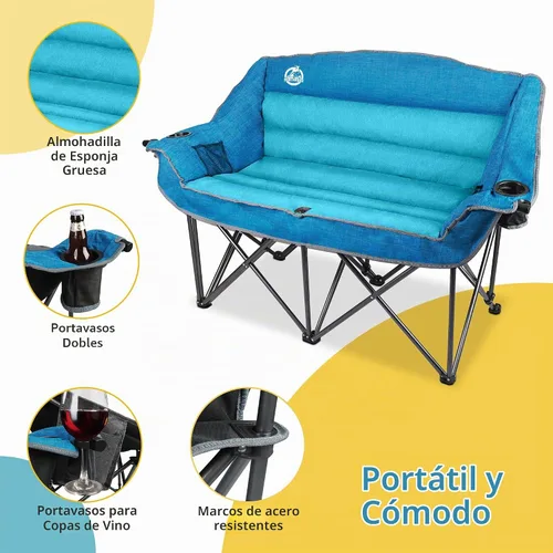 Vista 3 de Northroad Silla de camping doble de gran tamaño, sofá biplaza totalmente acolchado, silla doble plegable resistente con portavasos, reposabrazos